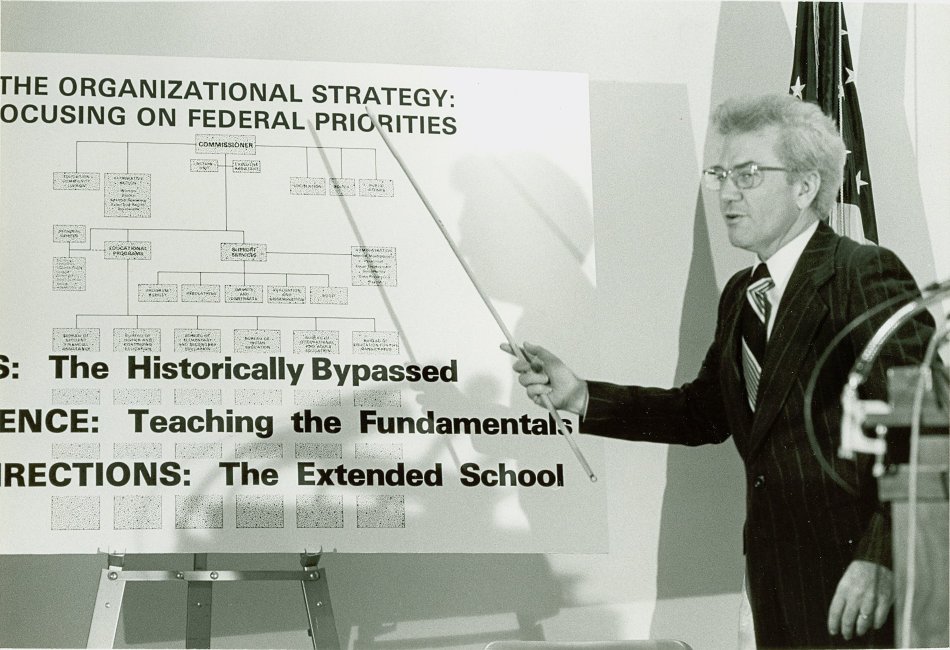 At a 1977 press conference, U.S. Commissioner of Education Ernest L. Boyer discusses new educational strategies for the federal government.
