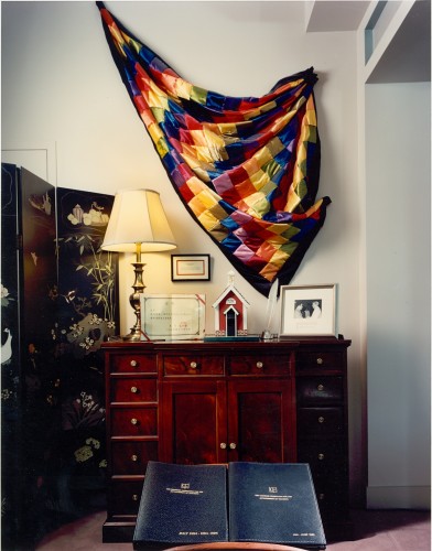 Boyer's quilt of doctoral hoods, made by his mother, Ethel, on display at the Carnegie Foundation for the Advancement of Teaching headquarters in Princeton, New Jersey. - BCA