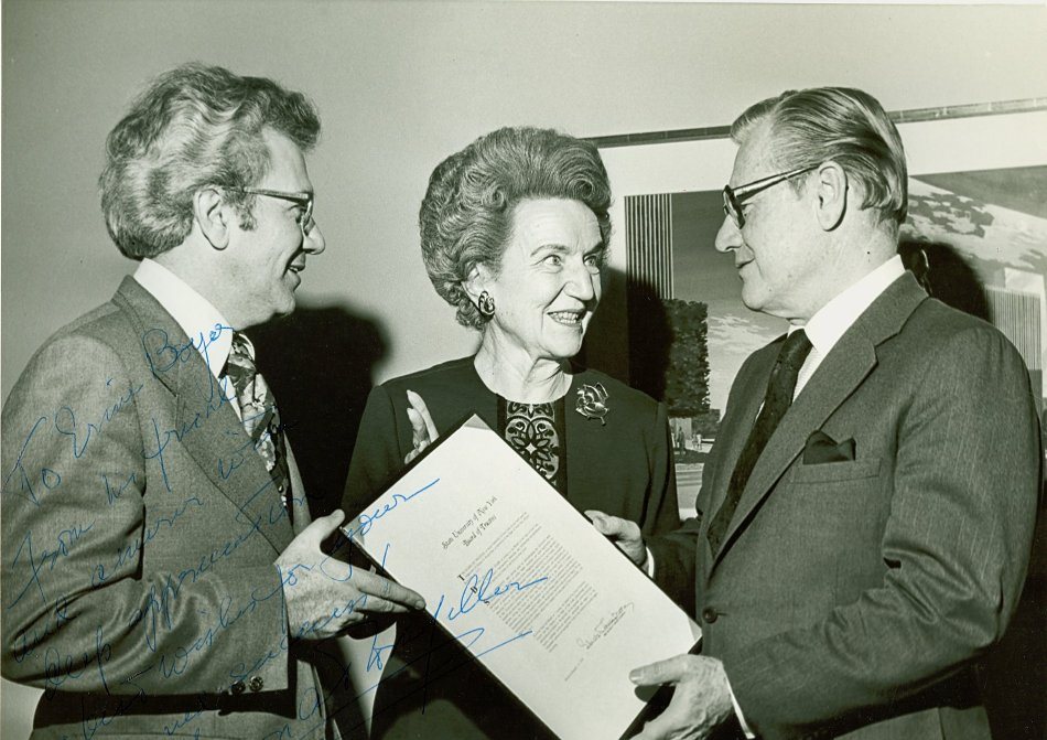 Ernest L. Boyer with Elizabeth Moore, chair of the SUNY board of trustees, and New York Governor Nelson A Rockefeller, April 1974. -- BCA