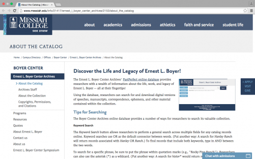 The new "Tips for Searching" section on the Ernest L. Boyer Center Archives website