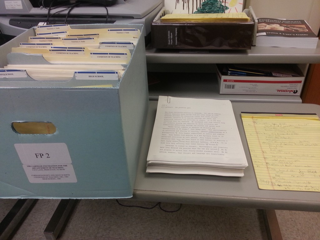 Photo of one example of the many boxes and documents being surveyed at the Boyer Center Archives. -BCA