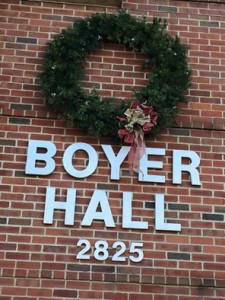 A Christmas scene outside Boyer Hall, a building on the Messiah College campus named after Dr. Boyer.