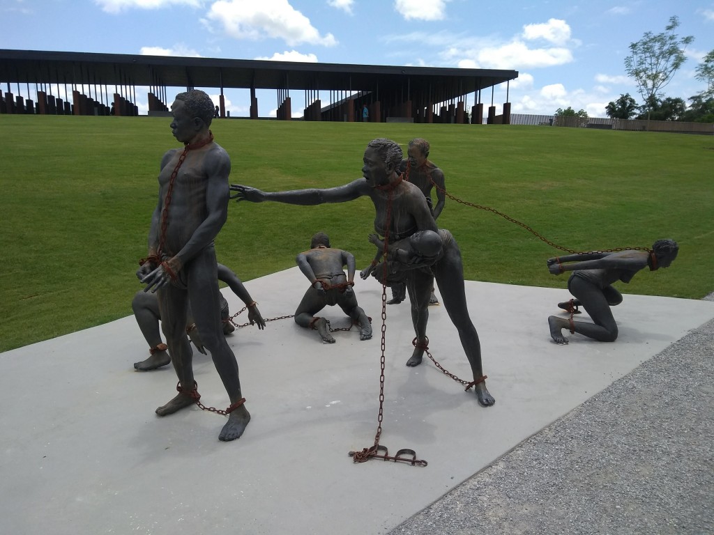 One of the monuments at the The National Memorial for Peace and Justice in Montgomery, Alabama.