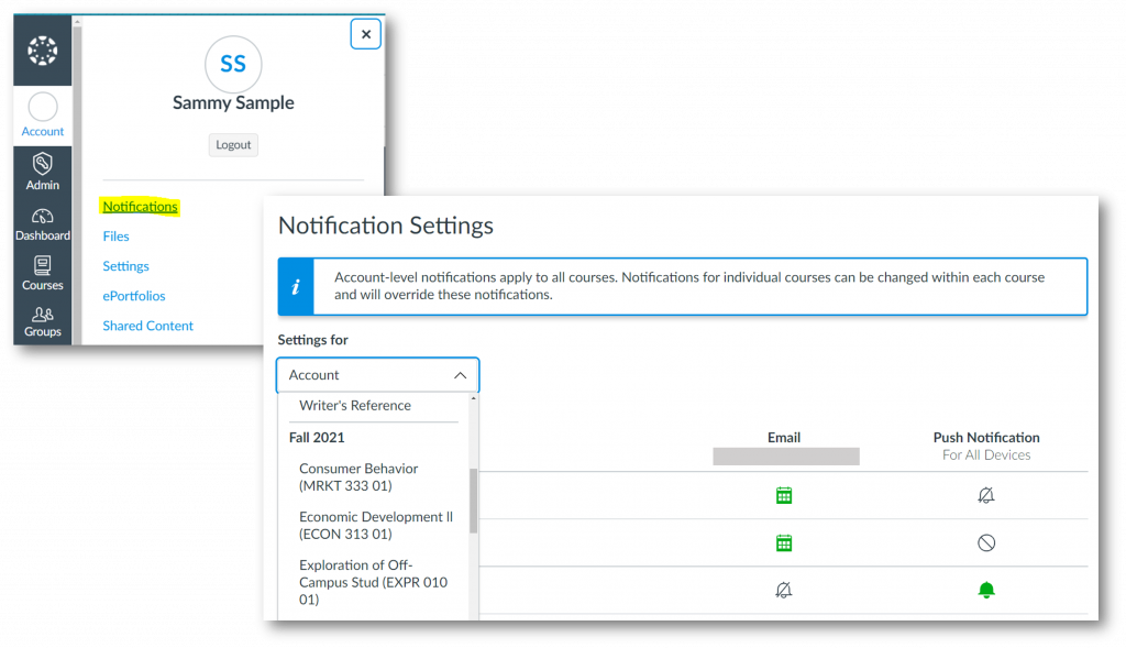 screenshot showing location of dropdown for notifications settings by course 